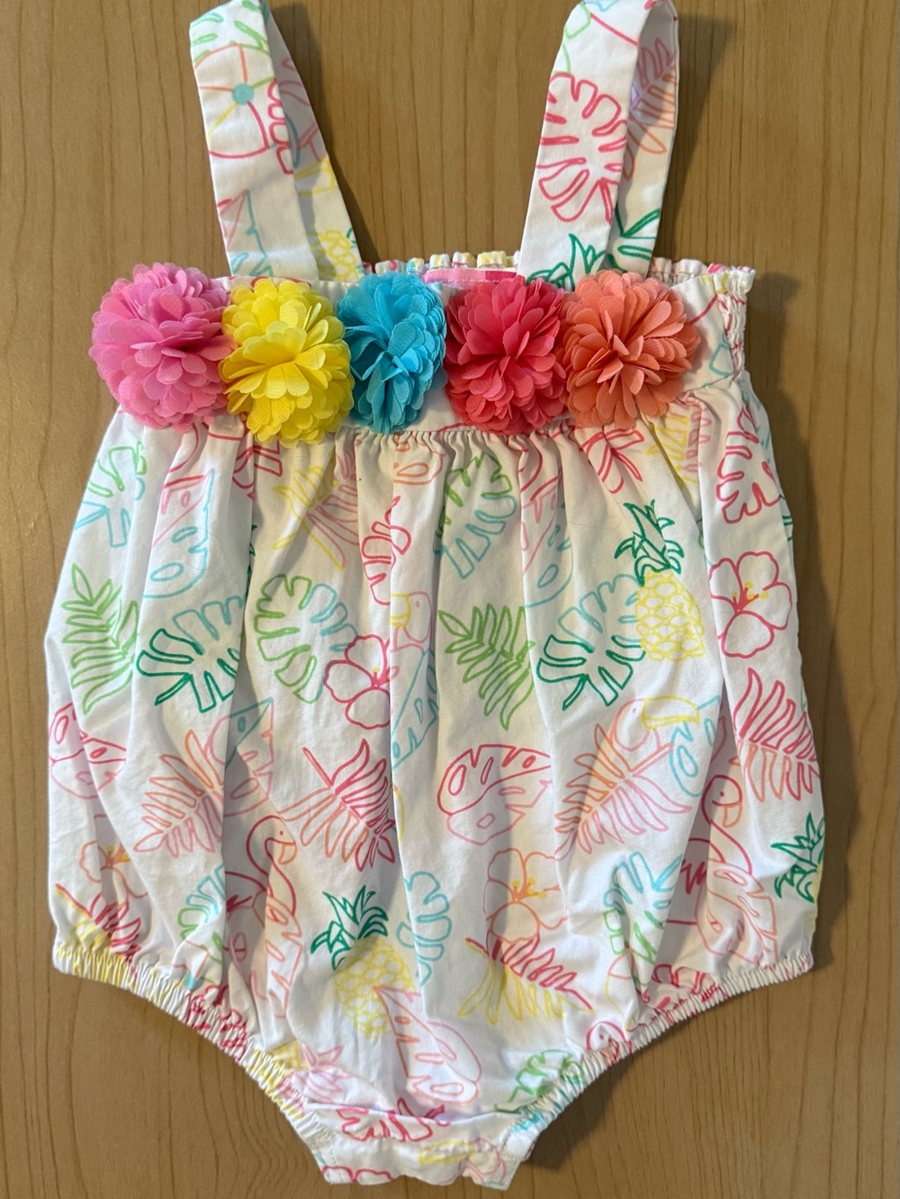 White Tropical Floral Bubble Romper with Multicolor Flower Trim